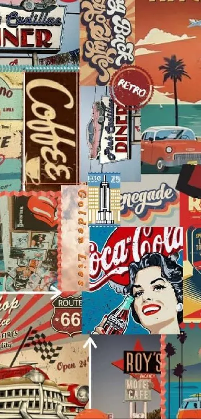 Vintage retro collage wallpaper with classic cars, Coca Cola, and palm trees.