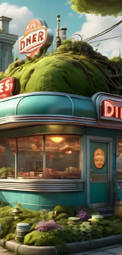 Retro diner surrounded by greenery, perfect for mobile wallpaper.