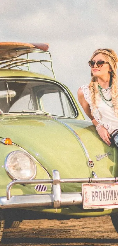 woman leaning on vintage green car with surfboards.