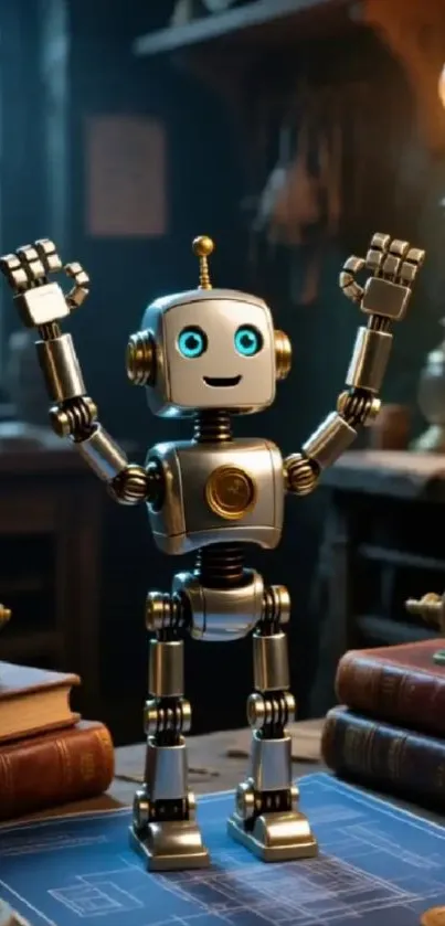 Vintage robot with glowing eyes on a blueprint in antique setting.