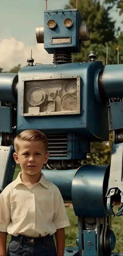 Retro blue robot with boy in vintage setting.