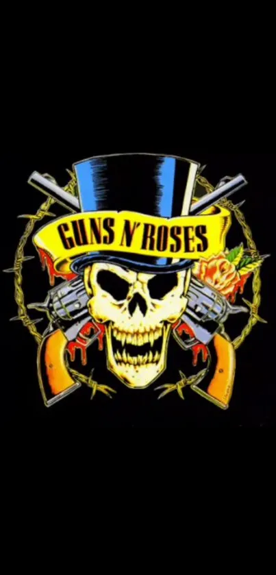 Guns N' Roses skull and guns classic wallpaper with a black background.