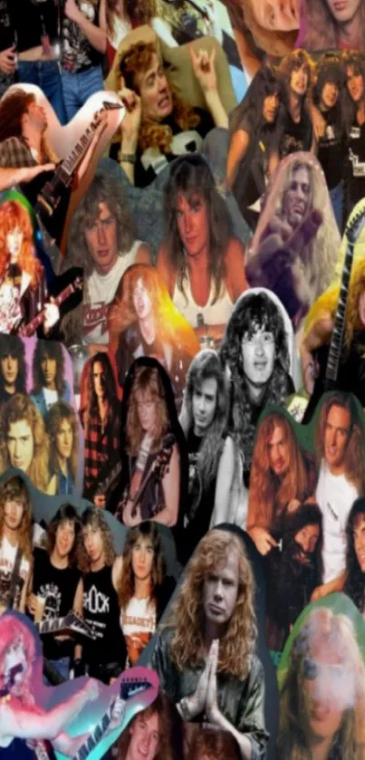 Vintage rock band collage wallpaper for mobile screen.