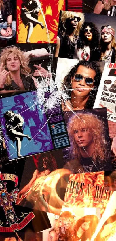 Vintage rock band collage with iconic band images and memorabilia.