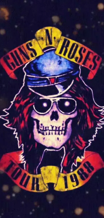 Vintage 1988 rock band tour poster with colorful skull design.