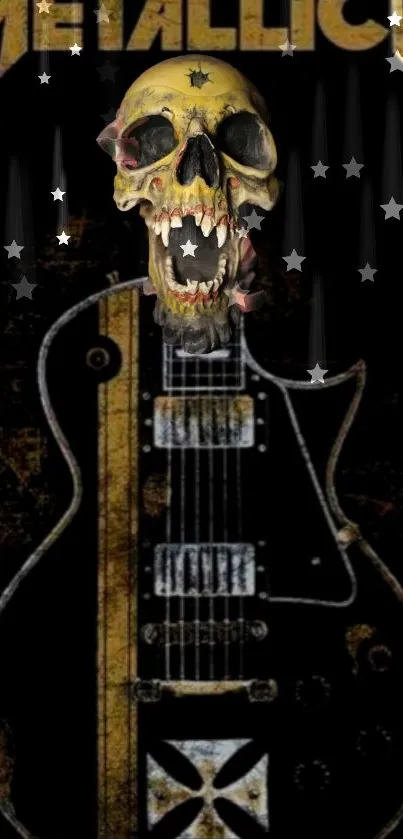 Vintage skull and guitar rock wallpaper with bold design for music lovers.