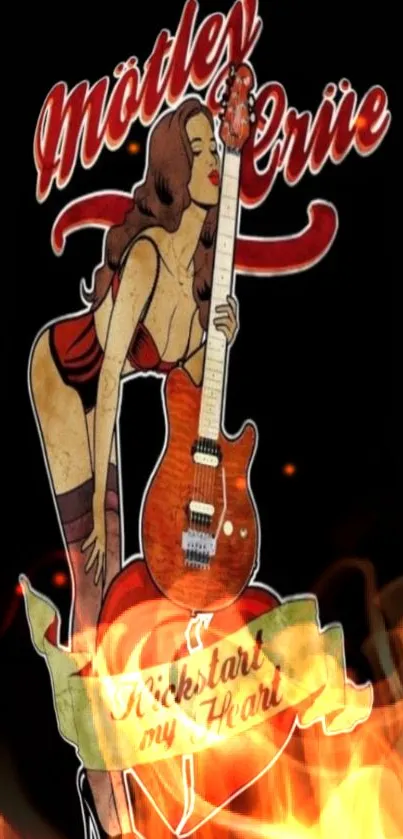 Vintage rock music wallpaper with guitar and fiery accents.