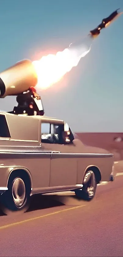 Vintage car launches a rocket on desert road.