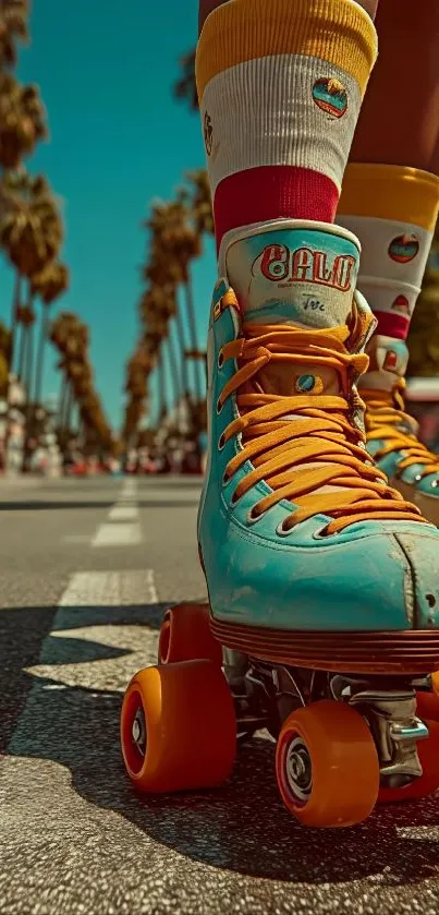 Retro roller skates on palm-lined street.