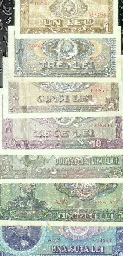 Vintage Romanian banknotes displayed in a colorful stack.