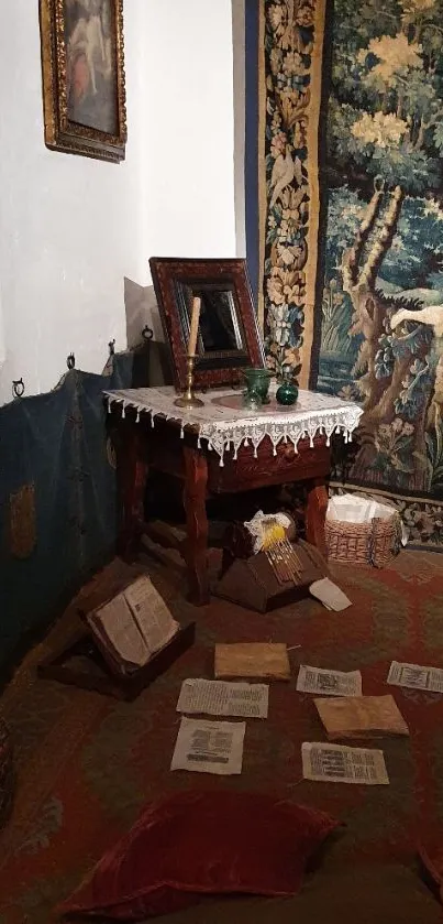 Vintage room with tapestry and books.