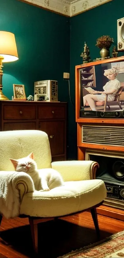 Cozy vintage room with a white cat on an armchair, illuminated by a warm lamp.