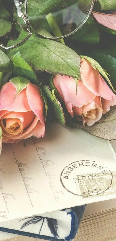 Vintage wallpaper with pink roses and antique postcards, accented by green leaves.