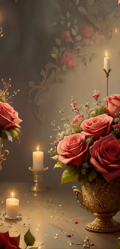 A vintage scene with roses and candles in a golden vase, creating a romantic ambiance.