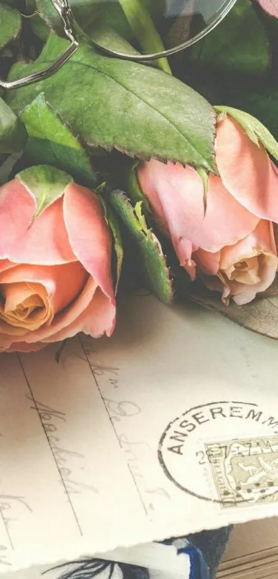 Vintage mobile wallpaper with pink roses and old letters.