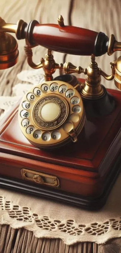 Vintage rotary phone on lace table cloth