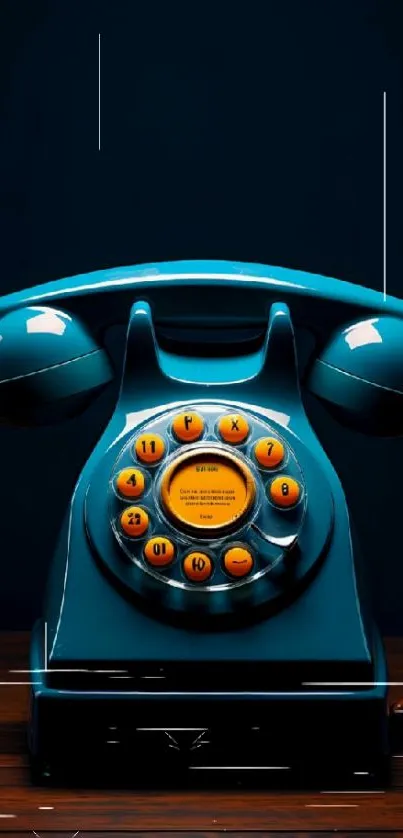 A vintage teal rotary phone with orange details on a wooden table.