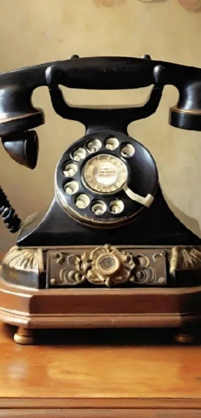 Antique rotary phone on wooden table