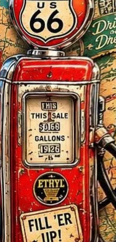 Vintage Route 66 gas pump with old map background.