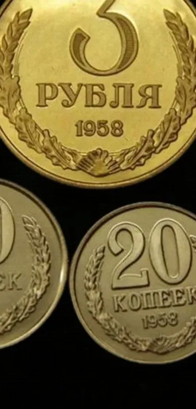 Vintage Russian coins from 1958 on a black background.