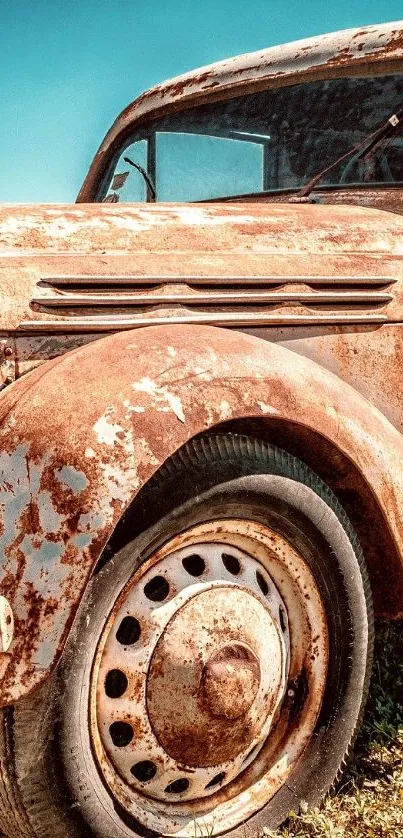 Vintage rusty car on grassy field mobile wallpaper.