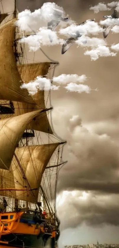 Vintage sailboat artwork with dramatic clouds and flying birds.