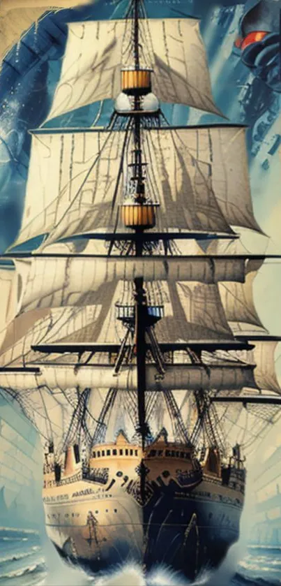 Vintage sailing ship illustration art with nautical theme.