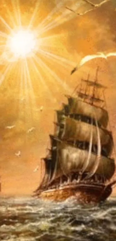 Vintage sailing ship on golden ocean under glowing sunset sky.