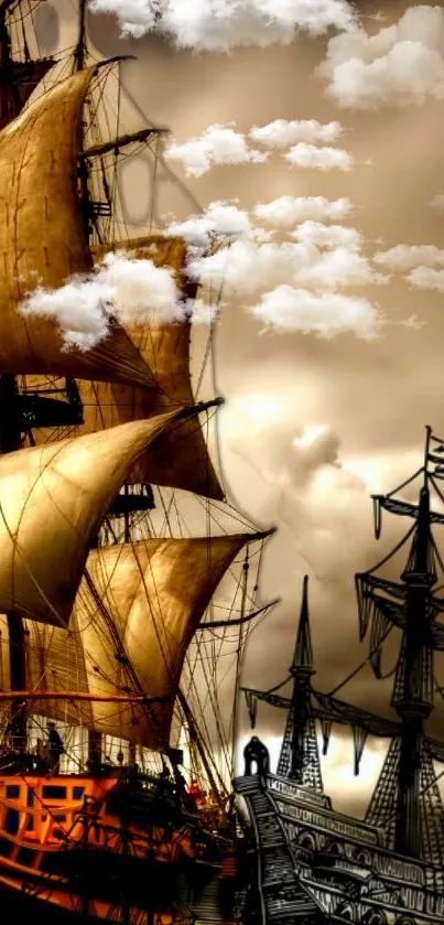 Vintage sailing ship with dynamic sails and clouds in warm hues.