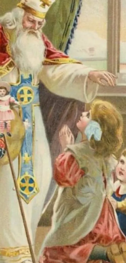 Vintage artwork of Saint Nicholas with children in a festive setting.