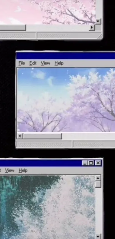 Vintage Windows aesthetic with sakura and waves on a black background.