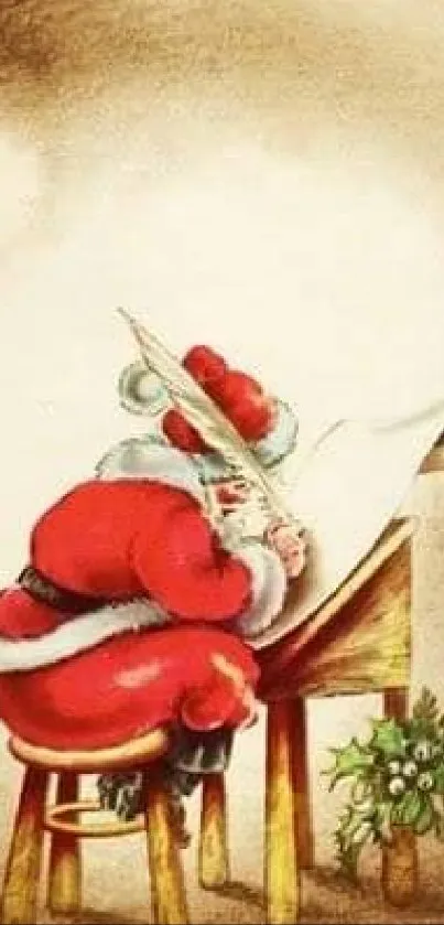 Santa Claus writing his Christmas list in a vintage-style artwork.