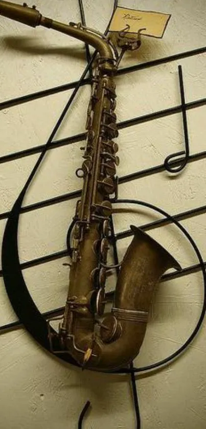 Vintage brass saxophone with musical notes on wall.