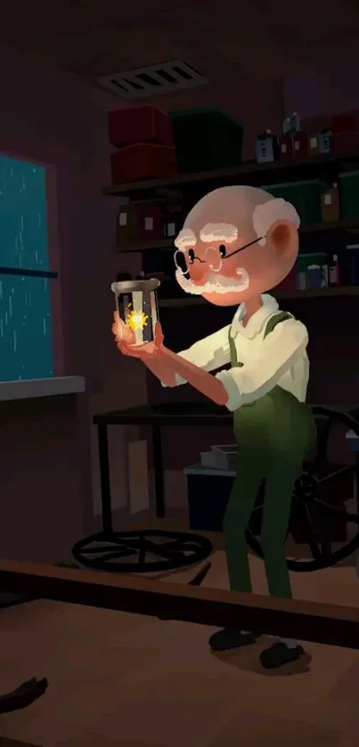 Vintage scientist in a colorful lab holding a glowing jar, perfect for mobile wallpaper.