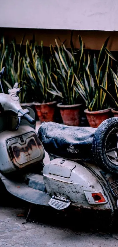 Vintage scooter parked by plants, urban setting.