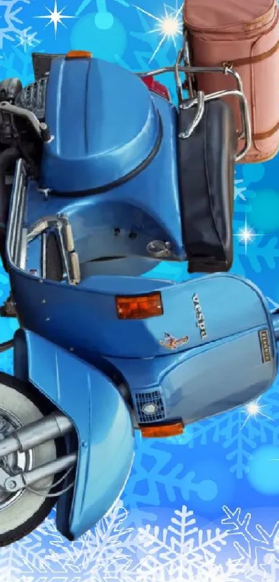 Retro blue scooter on snowy winter background with snowflakes.
