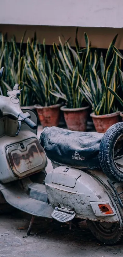 Vintage scooter beside potted plants in an urban setting.