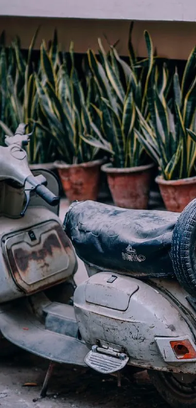 Vintage scooter with plants in pots creating a retro urban feel.