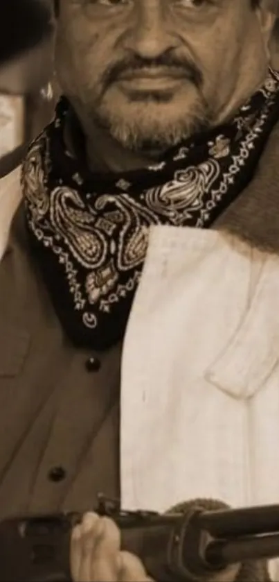 Vintage sepia portrait of a man holding a rifle wearing a patterned bandana.