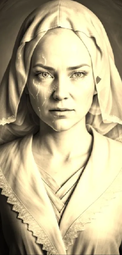 Vintage sepia portrait of a woman in a classic dress and headscarf.