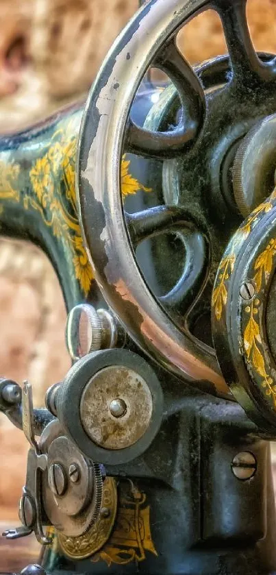 Close-up of a vintage sewing machine with intricate detailing.