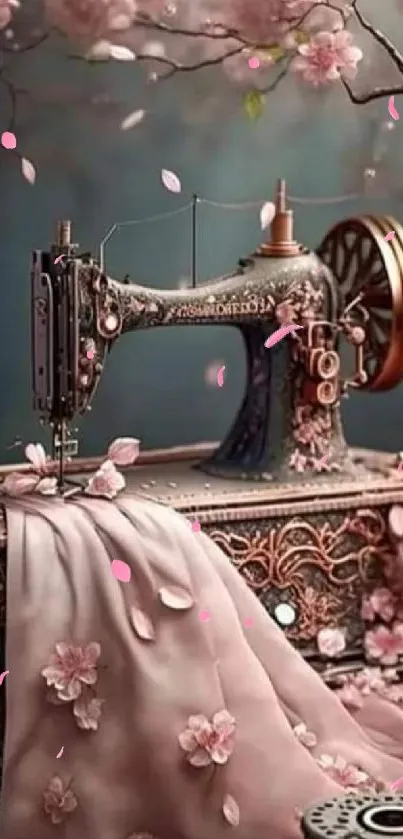 Vintage sewing machine with cherry blossoms, elegant artwork.