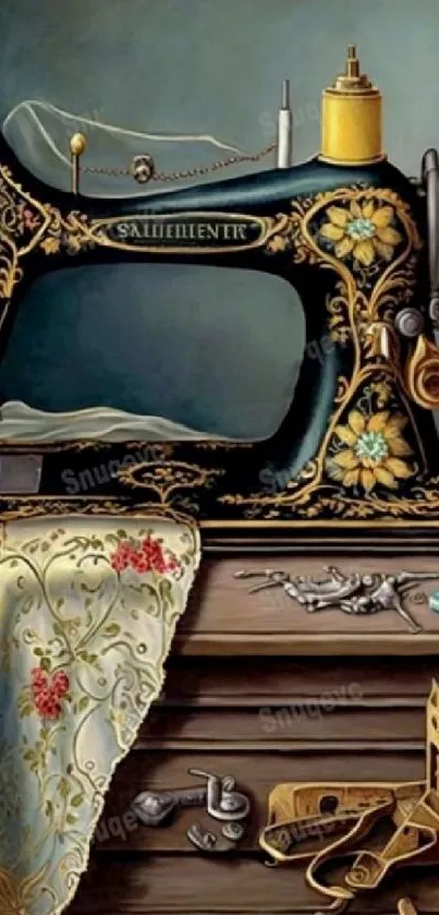 Vintage sewing machine with floral design and fabric.