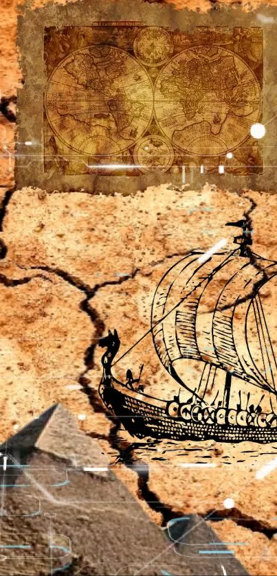 Vintage ship with antique map on cracked earth background.