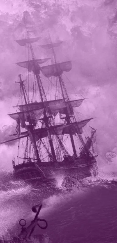 Vintage ship battling waves in purple hues wallpaper.