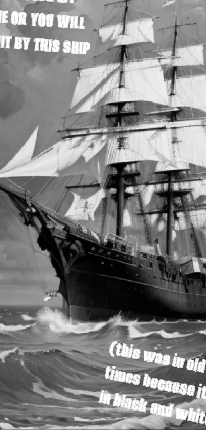 Black and white image of a vintage sailing ship on stormy seas.