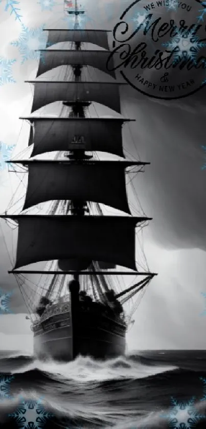 A vintage Christmas ship sails through stormy seas with festive holiday decor.