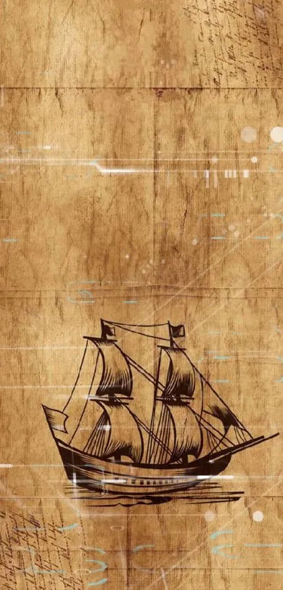 Vintage sailing ship on antique map wallpaper.