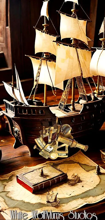 Vintage ship model with map on wooden desk.