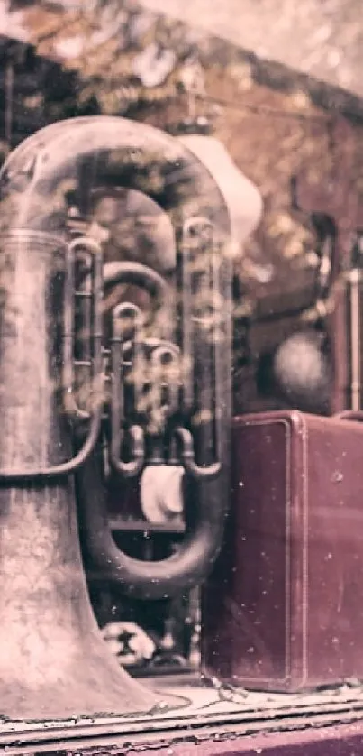 Vintage shopfront with a closed sign and artistic elements in mauve tones.